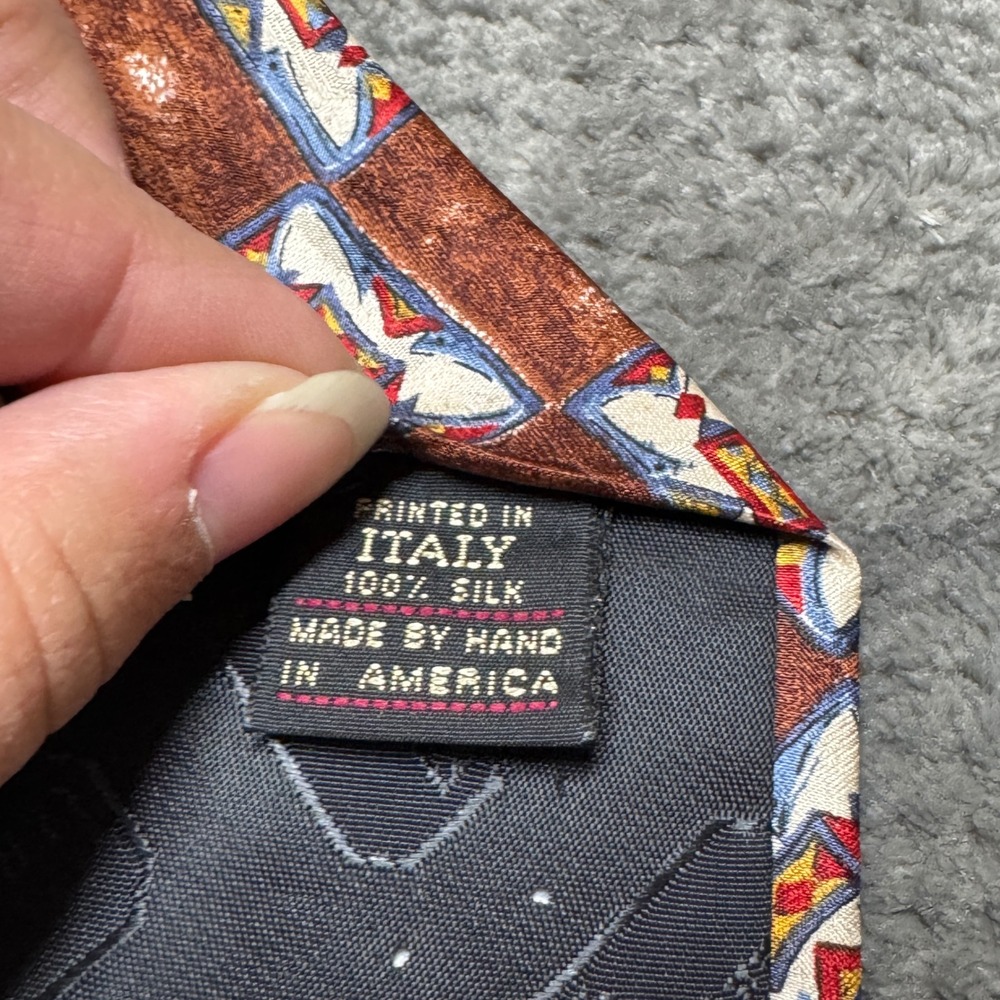 Embassy Square Mens Silk Tie Brown Geometric Print Made in USA Italian Fabric - Picture 5 of 8